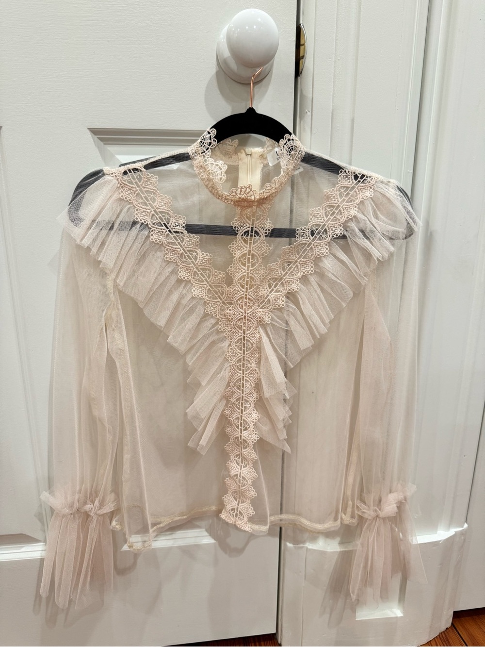 Sheer Tulle Ruffle Blouse w/ Lace Detailing Cream Sz. S Coquette Fairycore Goth